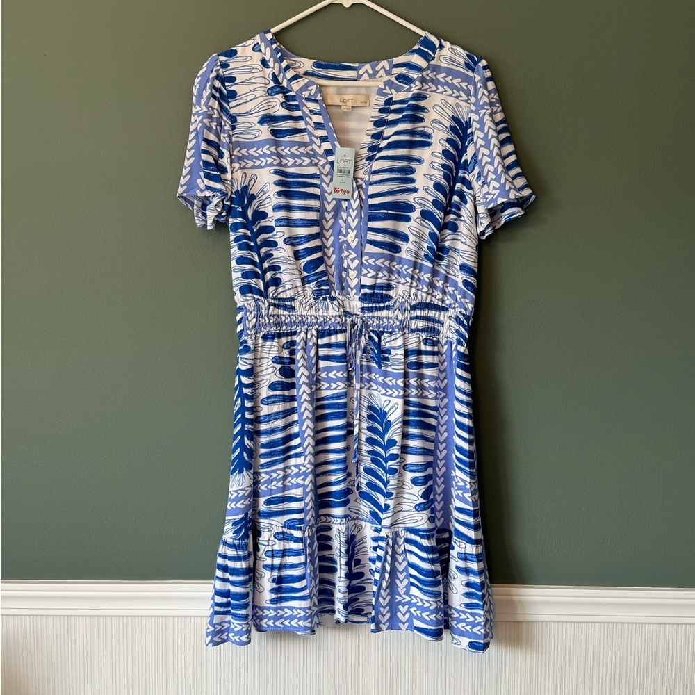 LOFT Blue and White V-Neck Dress Large Petite NWT